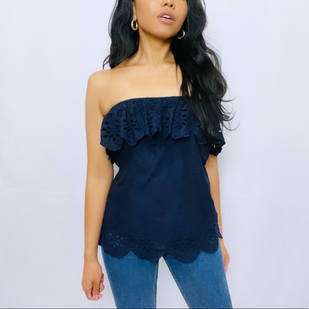 Milly | Blue 100% Cotton Eyelet Lace Ruffle Strapless Top with Scalloped Hem  4 - Picture 7 of 12